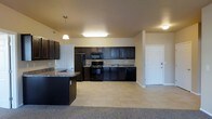 This single-floor space showcases an open-concept layout that seamlessly connects the kitchen and living areas. The kitchen is well-appointed with dark espresso-toned cabinetry that extends from floor to ceiling, providing generous storage throughout. Granite-style countertops offer a contrasting lighter tone that complements the dark cabinetry, while a peninsula with a built-in sink extends into the space, creating a natural divide between the kitchen and living areas. The kitchen is fully equipped with black appliances, including a gas range, overhead microwave, refrigerator, and dishwasher. A pendant light fixture hangs above the peninsula, adding a focused decorative element to the space. The flooring transitions from light-toned tile in the kitchen area to carpeting in the living space, clearly delineating the two functional zones. Neutral-toned walls and standard-height ceilings contribute to a clean, practical aesthetic throughout. A white paneled door is visible at the far end of the space, providing access to an additional room or exterior entry point.