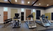 Located at 1 Eagle Ridge Dr in Birmingham, Alabama, this well-appointed fitness center offers a comprehensive workout environment designed for both cardio and strength training. The single-floor facility features a striking wood-paneled ceiling with recessed lighting that lends a warm, polished aesthetic to the space. The flooring is covered in a durable, patterned carpet with a hexagonal design, and equipment platforms provide additional stability for cardio machines.

The cardio zone is equipped with multiple Matrix treadmills, an elliptical cross-trainer, and a True recumbent exercise bike, all arranged for easy access and circulation. A full-wall mirror spans one side of the room, enhancing the sense of openness and allowing users to monitor their form during workouts. The strength training area includes a multi-station cable machine with an adjustable bench, a dumbbell rack, and free weight accessories.

Decorative and functional acoustic panels in navy, tan, and gold are mounted across the walls in both diamond and rectangular configurations, contributing to sound management and visual interest. Multiple flat-screen televisions are mounted on the walls for entertainment during workouts. Natural light enters through several windows, and glass double doors open to an outdoor area, creating a bright and inviting atmosphere throughout the space.