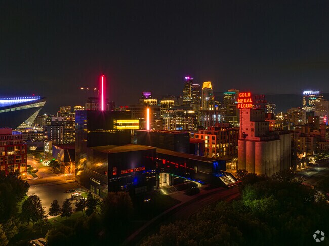 U.S. Bank, the Guthrie, and the Mill City Ruins light up the skyline of Downtown East.