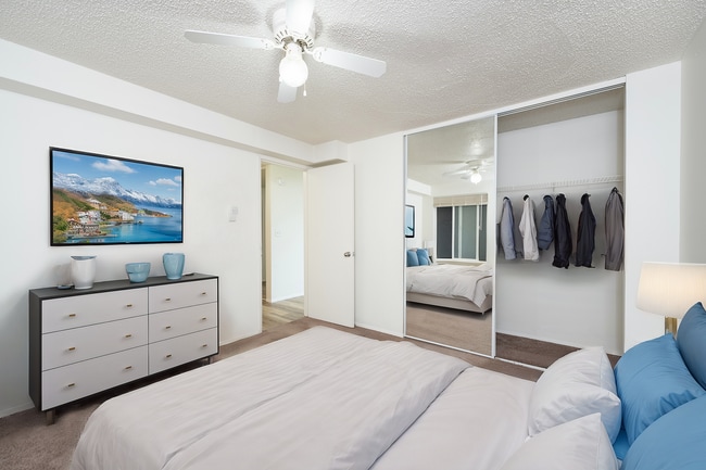 Comfortable bedroom layout with great closet storage and natural light. - Courtyard North Apartments