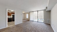 Located at 14709 Shiloh Ct in Laurel, Maryland, this single-floor, one-bedroom, one-bathroom residence offers a thoughtfully laid-out living space. The combined kitchen and living room forms the heart of the home, with the living area featuring plush wall-to-wall carpeting and large floor-to-ceiling sliding glass doors fitted with vertical blinds that open to a private balcony, flooding the space with natural light and providing outdoor views. The kitchen is efficiently designed with rich, warm-toned wood cabinetry, granite-style countertops, wood-look vinyl flooring, and a full suite of black appliances including a gas range, dishwasher, and refrigerator. A hallway connects the main living area to the private bedroom, which is generously sized with soft carpeting, large windows with vertical blinds, and direct access to a walk-in closet complete with built-in shelving. The full bathroom is finished with large-format beige tiles, a decorative mosaic accent border, and a full tub-shower combination. A dedicated hallway with additional closet storage rounds out the functional layout of this well-appointed residence.