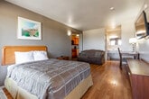 This single-floor guest suite offers a practical and comfortable layout designed for both short and extended stays. The main living and sleeping area is finished with warm hardwood flooring throughout, creating a cohesive and inviting atmosphere. A queen-sized bed with a wooden headboard serves as the focal point of the room, complemented by a bedside nightstand and lamp. Southwestern-inspired framed artwork decorates the walls, adding a regional character to the space.

A sliding glass window along one wall allows natural light to fill the room and provides outdoor views, framed by floor-length striped curtains that offer privacy. A wall-mounted flat-screen television and a wooden dresser are positioned opposite the bed for convenience. A comfortable upholstered sofa sits adjacent to the sleeping area, providing an additional seating and lounging space.

Toward the rear of the suite, a dedicated kitchenette area includes dark wood cabinetry, offering basic self-catering functionality. The bathroom features a full-size soaking tub and shower combination with tile surround, safety grab bar, and standard fixtures. The layout is efficient and well-organized, making the suite well-suited for guests seeking a self-contained and functional accommodation with all essential amenities readily accessible.