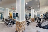 Located at 1740 Century Circle in Chamblee, Georgia, this fitness center offers a generously sized, single-floor layout designed to accommodate a comprehensive range of workout needs. The space is distinguished by its refined architectural character, featuring structural columns with natural stone bases that add a distinctive, upscale aesthetic throughout the room. Soft blue-painted walls, white trim, and beadboard ceiling accents create a polished, welcoming atmosphere.

Large multi-pane windows line the perimeter, flooding the interior with natural light and providing views of the surrounding greenery. Ceiling fans mounted within coffered ceiling sections ensure comfortable airflow during workouts, complemented by recessed lighting throughout.

The fitness floor is comprehensively outfitted with cardio equipment including treadmills, ellipticals, stair climbers, stationary bikes, and rowing machines. A dedicated strength training area features cable machines, weight benches, and a full rack of dumbbells. Floor-to-ceiling mirrors expand the sense of space and support proper form during exercise. Additional storage shelving and exercise balls are neatly organized in a dedicated corner area. Checkered carpet tile flooring and rubber matting in select zones provide both comfort and durability. A mounted television and staircase entry access complete this well-appointed facility.