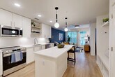 Located at 3305 South Blvd in Charlotte, NC, this thoughtfully designed one-bedroom, one-bathroom residence offers an efficient and stylish single-floor layout. The open-concept kitchen and living area serves as the heart of the home, highlighted by crisp white cabinetry, white quartz countertops, a central island with bar seating, and a full suite of stainless steel appliances. Globe pendant lights add a modern touch overhead, while light wood-tone flooring flows seamlessly throughout. The living area features a bold deep-blue accent wall, large windows that invite abundant natural light, and direct access to a private patio. The bedroom is a calm retreat with a textured accent wall, natural light from a generous window, and direct access to a spacious walk-in closet outfitted with multi-level shelving and hanging rods. The unit also includes a full bathroom, a dedicated laundry space, and a utility room for added convenience. Clean lines, a neutral palette punctuated by rich blue tones, and contemporary fixtures give the space a cohesive, modern aesthetic throughout.