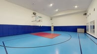 This single-level indoor sports court is a well-appointed recreational space designed for versatile athletic use. The court features a vibrant blue sports flooring surface with clearly marked court lines, complemented by a bold red central mat area that can serve as a designated zone for floor exercises, martial arts, or other fitness activities. A wall-mounted glass backboard with a regulation basketball hoop anchors one end of the court, making the space fully equipped for basketball play. Surrounding the perimeter of the room, thick blue padded wall panels provide essential safety coverage, protecting players from impact during active use. The high, angled ceiling rises generously overhead, enhancing the sense of openness and allowing for uninhibited play. Recessed lighting installed throughout the ceiling ensures bright, even illumination across the entire court surface. The white walls above the padding contribute to the clean, functional aesthetic of the space. A dedicated exit door is visible along one wall, and additional wall-mounted speakers suggest provisions for audio. Overall, this indoor court offers a professional-grade environment suitable for basketball, fitness training, and multi-sport recreation.