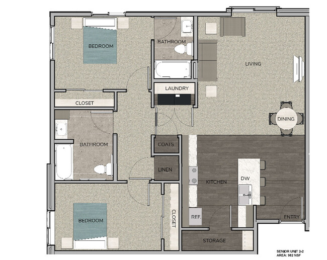 Clock Tower Senior 2x2 982 sf - Clock Tower Senior Apartments