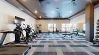 Located at 7984 Rose St in Victoria, Minnesota, this fitness center offers a well-appointed, single-floor workout facility designed to accommodate a wide range of exercise needs. The space is defined by its elegant tray ceilings with dark trim accents, recessed lighting, and multiple ceiling fans that provide both style and airflow throughout the room. A patterned, multi-tone carpet in shades of blue and gray covers the floor, adding a modern aesthetic while providing underfoot comfort. Natural light streams in through several large windows along the walls, creating a bright and energizing atmosphere with views of the surrounding area. The main workout area is generously proportioned and thoughtfully organized into distinct training zones. Cardio equipment, including treadmills and elliptical machines, lines one section of the room, complemented by a wall-mounted television for entertainment during workouts. A strength training zone features a cable machine, adjustable bench, and a stationary bike. The free weight area includes a full rack of dumbbells and a medicine ball storage tower. Large wall mirrors expand the sense of space and allow for form-checking during exercise. The open layout and well-distributed equipment make this fitness center a comprehensive and functional facility for residents of the Victoria community.