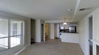 This single-floor space offers a practical and functional open-concept layout that seamlessly connects the living area to the kitchen. The living area features neutral-toned carpet flooring and is bathed in natural light through a large sliding glass door, creating a welcoming and airy atmosphere. A textured ceiling adds a classic touch throughout the space.

The kitchen is efficiently designed with white cabinetry, stainless steel appliances including a refrigerator, stove, and built-in microwave, and a peninsula countertop that provides additional workspace and separates it from the living area. A pendant light fixture hangs above the peninsula, adding a subtle decorative accent. A single-basin sink is integrated into the countertop for added convenience.

A hallway visible from the main living area leads to a bathroom, which features tile flooring and standard fixtures, maintaining the clean and neutral aesthetic consistent throughout the space. Neutral-toned walls are present throughout, complementing the overall understated and functional design.

This space is well-suited for those seeking a straightforward, single-level layout with an open and connected living and kitchen environment.