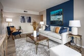 Located at 102 Brentway Cir in Knoxville, Tennessee, this single-floor residence offers a thoughtfully designed layout with modern finishes throughout. Wood-look flooring flows seamlessly across the main living areas, complemented by neutral wall tones and crisp white trim.

The living room serves as a striking centerpiece, featuring a bold teal accent wall adorned with large-scale artwork, a bright sliding glass door that invites natural light and outdoor views, and an open connection to the dining area.

The kitchen is efficiently laid out with white cabinetry accented by gold hardware, granite-look countertops, and ample workspace on both sides of the galley-style corridor, opening into an adjoining dining space.

Multiple bedrooms provide comfortable retreats, each featuring ceiling fans, wood-look flooring, and large windows with decorative curtains. Bold accent walls in deep navy and teal tones add character, while generous closet space enhances functionality. The primary bedroom is particularly spacious, benefiting from dual windows and abundant natural light.

The bathrooms are well-appointed, with one featuring a full tub-shower combination with tile surround and another offering a vanity with granite-look countertops and modern fixtures. A welcoming entry hallway with a large mirror completes this cohesive and stylishly curated living space.