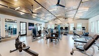 Located at 8830 College Pkwy in Fort Myers, FL, this fitness center offers a spacious, single-floor layout designed to support a comprehensive workout experience. The space is defined by its standout architectural feature: a warm, wood-plank ceiling accented by exposed black metal rods, pendant-style linear lighting fixtures, and ceiling fans that contribute both to the aesthetic appeal and air circulation throughout the facility.

The main workout floor is finished with a light-colored, easy-to-clean surface that spans the entire area. Large wall mirrors line key sections of the room, enhancing the sense of openness and allowing users to monitor their form during exercise. Multiple windows along the walls invite natural light, creating a bright and energizing atmosphere.

The cardio zone is well-appointed with a row of treadmills and additional aerobic machines, each equipped with personal screens. The strength training area features a comprehensive selection of Life Fitness cable and selectorized machines, free weight benches, a squat rack, and rowing machines to accommodate a full range of training needs.

A dedicated functional training zone includes a pull-up rig and open floor space for bodyweight or stretching exercises. Built-in shelving, a cushioned bench, water fountains, and a wall-mounted television round out the amenities, making this fitness center both functional and comfortable for daily use.