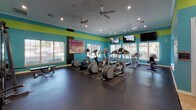 Located at 6301 Stonewood Dr in Plano, TX, this fitness center is a well-equipped, single-floor facility designed to support a full range of workout routines. The space is immediately distinguished by its bold, energetic color scheme — vivid teal walls accented with lime green horizontal stripes — creating a motivating and visually dynamic environment throughout.

The main workout floor is generously sized and features durable rubber flooring, accommodating a comprehensive selection of cardio and strength training equipment. Cardio offerings include multiple treadmills, elliptical machines, and a stationary bike, all positioned along a wall of large windows that frame views of the surrounding outdoor landscape and flood the space with natural light. Wall-mounted flat-screen TVs are positioned above the windows, allowing members to stay entertained during their workouts.

The strength training area houses a multi-functional cable machine system along with additional resistance equipment, providing options for a variety of muscle groups. Ceiling fans throughout the facility enhance air circulation and comfort during exercise.

A dedicated entryway area features tile flooring, dual water fountains, restroom access, and tasteful wall art. Vending machines offering beverages are conveniently located near the main entrance. French doors lead to an outdoor area, further connecting the fitness center to its surroundings. The space is both practical and inviting, making it a comprehensive fitness destination.