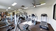 This fitness room is designed to support a comprehensive workout experience, offering a well-rounded selection of exercise equipment within a clean, functional layout. The space is outfitted with multiple cardio machines, including ellipticals, a stationary bike, and a treadmill, alongside strength and resistance training equipment. A full-length mirror spans one wall, visually expanding the room and allowing users to monitor their form during exercise. The flooring consists of durable dark carpeting suited for gym use, providing both traction and cushioning underfoot. Overhead, ceiling fans ensure consistent air circulation throughout the space, contributing to a comfortable environment during workouts. Recessed fluorescent lighting provides bright, even illumination across the entire room. The walls are finished in a neutral white, keeping the aesthetic clean and uncluttered. The single-floor layout makes the space straightforward and accessible, with equipment arranged to allow adequate movement between machines. Overall, the fitness room presents a practical and well-maintained setting suitable for a range of exercise routines.