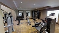 This fitness room offers a dedicated space for strength and resistance training, thoughtfully designed with functionality and comfort in mind. The room features a neutral color palette of warm grey and taupe tones on the walls, complemented by a distinctive patterned carpet in gold and brown hues that adds visual character to the space. Recessed lighting is installed throughout the ceiling, providing consistent, even illumination across the entire room.

The fitness area is outfitted with a range of equipment to accommodate various training needs. A multi-station cable machine anchors one side of the room, offering versatility for a wide variety of strength exercises. Multiple adjustable workout benches are positioned throughout the space, paired with a full dumbbell rack stocked with a comprehensive set of free weights. A selectorized weight machine rounds out the equipment selection, catering to both beginner and experienced users.

Two framed mirrors are mounted along the walls, enhancing the sense of depth in the room while allowing users to monitor their form during workouts. A window provides a degree of natural light. The overall layout is organized and spacious, allowing comfortable movement between equipment stations.