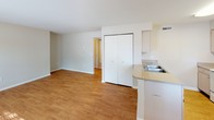 Located at 10229 Shaver Rd in Portage, Michigan, this single-floor unit offers a practical and comfortable layout designed for everyday living. The open living area is finished with warm hardwood-style flooring that reflects natural light streaming in through large windows, creating a bright and welcoming atmosphere. A front-facing window provides views of the surrounding greenery, enhancing the sense of openness throughout the main space. The kitchen is efficiently laid out with light wood cabinetry, a coil-top electric range, laminate countertops, and a double-basin sink set into a peninsula that opens to the living area — ideal for both cooking and casual interaction. A double-door closet near the kitchen provides convenient additional storage. The bedroom is carpeted for comfort and features a ceiling fan with light fixture, along with a window that allows natural light and outdoor views. The bathroom is clean and functional, outfitted with hardwood-style flooring, a full tub-shower combo with chrome fixtures, a toilet, and a vanity with mirror. Neutral wall tones throughout the unit create a cohesive, move-in ready environment suitable for a range of living arrangements.