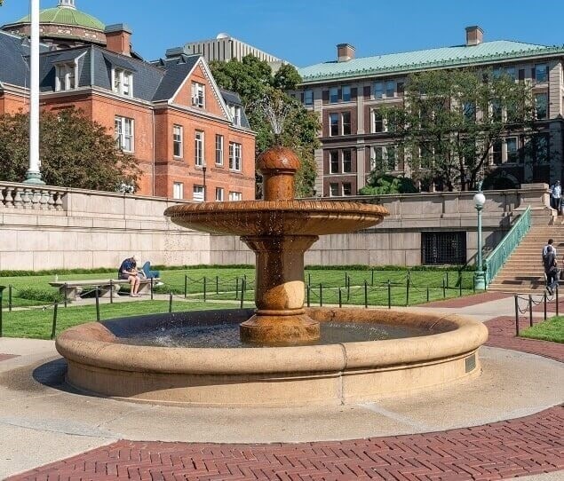 A fountain sits outside the Low Memorial Library