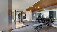 The Metropolitan fitness center is a thoughtfully designed, single-floor facility that delivers a comprehensive workout experience. The space is divided into distinct training zones, each outfitted with professional-grade equipment to accommodate a wide range of fitness activities.

The strength training area features a Matrix power rack with a dedicated lifting platform, a full rack of dumbbells with adjustable benches, and a cable functional trainer. A wall-mounted flat-screen TV keeps members entertained during workouts, while floor-to-ceiling mirrors visually expand the space and allow for proper form checks. The flooring combines durable rubber matting and a turf training strip — complete with yard-line markings — ideal for agility drills, sled pushes, and functional training.

The functional training zone is stocked with TKO punching bags, medicine balls, battle ropes, and resistance bands, all organized on a branded Metropolitan storage rack. Additional machines for targeted muscle training and a dip/pull-up tower round out the equipment offerings.

Architecturally, the space impresses with soaring double-height ceilings, a warm wood-slatted ceiling accent above the weight area, and a striking textured geometric accent wall. Expansive windows flood the interior with natural light and offer views of an outdoor pool and surrounding greenery, creating an energizing and inviting atmosphere throughout.