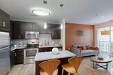 Located at 15955 Frederick Rd in Rockville, MD, this efficiently designed one-bedroom, one-bathroom residence offers a thoughtful open-concept layout across a single floor. The kitchen is a standout feature, equipped with stainless steel appliances including a range, microwave, and dishwasher, complemented by rich dark cabinetry, granite countertops, and a central island with bar seating illuminated by stylish pendant lighting. The kitchen flows seamlessly into the living room, which is distinguished by a bold terracotta accent wall, wood-look flooring, and large windows that invite abundant natural light and views of the surrounding greenery. A sliding glass door provides direct access to an outdoor balcony area. The spacious primary bedroom features plush carpeting, ample natural light from a large window, and a dedicated closet for storage. The bathroom offers a clean, modern aesthetic with a tiled shower-tub combination, dark vanity cabinetry with a granite countertop, and wood-look flooring throughout. The overall design palette combines warm accent tones with neutral whites and natural wood finishes, creating a cohesive and contemporary living environment.