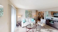 This single-story residence offers a thoughtfully designed layout that balances comfort and functionality across its key living spaces. The living room serves as the heart of the home, featuring plush carpeting, abundant natural light streaming in through a large sliding glass door, and an open sightline into the adjacent dining area. The dining room is an intimate, defined space highlighted by a stylish sunburst mirror and a ceiling fan with integrated lighting, creating a warm atmosphere for gathering. The galley-style kitchen is efficiently arranged with warm wood cabinetry, black appliances including an electric range and built-in microwave, a double basin sink, and durable laminate flooring. A dedicated in-unit laundry area is conveniently accessible directly from the kitchen. The primary bedroom offers a serene retreat with soft carpeting, a generous closet, a window with natural light, and direct access to a full en-suite bathroom with a tub-shower combination. A second bedroom provides a versatile space, also carpeted and naturally lit, suitable for a variety of uses. A second full bathroom with a tub-shower serves the remainder of the home. Throughout, neutral tones and textured ceilings create a cohesive and comfortable living environment.