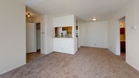 Located at 4401 S Coulter St in Amarillo, Texas, this single-floor unit offers a well-organized layout with comfortable living spaces throughout. The living room serves as a central gathering area, highlighted by a classic brick fireplace with a raised hearth and a ceiling fan overhead. Natural light fills the room through multiple windows fitted with blinds, creating a bright and welcoming atmosphere. Plush carpeting extends throughout the living areas and bedrooms, adding warmth underfoot.

The kitchen features warm oak cabinetry and connects to the living area via a convenient pass-through counter, offering an open and communicative floor plan. The bedroom is generously sized with carpeted floors, direct access to a walk-in closet, and an adjoining vanity area with an oak cabinet base and sink. The full bathroom is well-appointed with a dual-sink vanity, ample oak cabinetry, a large mirror spanning the length of the counter, and a shower enclosed by a striped curtain. Additional storage is provided by a closet visible in the bedroom area. The textured ceilings are consistent throughout the unit, contributing to the overall classic residential character of the space.