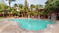 This single-level outdoor amenity space offers a comprehensive resort-style experience designed for recreation and relaxation. At its centerpiece is a generously sized freeform swimming pool with clear turquoise water, flanked by a series of lounge chairs and framed by an impressive collection of mature palm trees and decorative stone pillars, creating a lush, tropical atmosphere. Adjacent to the pool, a bubbling spa provides a more intimate retreat, complete with handrail access and waterfall features that enhance the serene ambiance.

The covered patio area is constructed with stacked stone columns and a textured ceiling, offering shade for leisure activities. A full-size ping-pong table occupies the space, complemented by seating and vibrant hanging floral arrangements that add color and character. Ceiling fans ensure comfortable airflow throughout.

An outdoor kitchen station features dual built-in stainless steel gas grills set within a tiled countertop under a covered pergola, ideal for outdoor entertaining. Views of palm trees and ornamental trees with rich red foliage surround the area, contributing to a well-maintained, landscaped environment that emphasizes both functionality and aesthetic appeal.