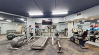 This 460 square foot fitness center, located in West St. Paul, MN, is a well-equipped, single-floor facility designed to meet various workout needs. The space boasts a modern aesthetic with white painted brick walls and a striking dark ceiling, creating a contrast that adds depth to the room. Bright, efficient lighting fixtures are strategically placed to ensure optimal visibility throughout the area.

The flooring features a distinctive herringbone pattern in neutral tones, adding visual interest while providing a stable surface for exercising. Large mirrors line the walls, serving both functional and spatial purposes by allowing users to check their form and creating an illusion of a larger space.

The gym is outfitted with a comprehensive selection of exercise equipment. Cardio options include treadmills and stationary bikes, while strength training is facilitated by weight machines, free weights, and a dumbbell rack. Versatile equipment such as exercise balls in various sizes and colors adds pops of vibrancy to the space.

For comfort and convenience, the facility includes amenities such as a water cooler and towel service. The layout is thoughtfully designed to maximize the available square footage, ensuring ample space between equipment for safe and comfortable workouts. This fitness center provides a welcoming and functional environment for users of all fitness levels.