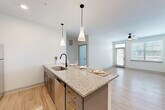 This well-appointed one-bedroom, one-bathroom residence in Asheville, NC offers a thoughtfully designed open-concept layout that maximizes every square foot. The combined kitchen and living area serves as the heart of the home, anchored by a striking granite-topped island with an undermount sink, matte black faucet, and elegant pendant lighting overhead. The kitchen features two-tone cabinetry — crisp white uppers paired with gray lowers — complemented by a white subway tile backsplash and stainless steel appliances. Light wood-look flooring flows throughout the main living areas, enhancing the bright, airy ambiance created by natural light from large windows. A ceiling fan adds comfort to the open living space. The carpeted bedroom is a comfortable retreat, featuring a ceiling fan, ample natural light through a large window with views of the surrounding community, and access to a walk-in closet with wire shelving. The full bathroom showcases a dual-sink granite vanity with white cabinetry, matte black hardware, and stylish vanity lighting. A dedicated laundry room with hookups and wire shelving adds everyday convenience. The unit's clean, modern aesthetic and functional layout make it an ideal residence in the Asheville area.