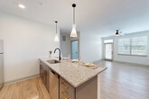 This well-appointed one-bedroom, one-bathroom residence in Asheville, NC offers a thoughtfully designed open-concept layout that maximizes every square foot. The combined kitchen and living area serves as the heart of the home, anchored by a striking granite-topped island with an undermount sink, matte black faucet, and elegant pendant lighting overhead. The kitchen features two-tone cabinetry — crisp white uppers paired with gray lowers — complemented by a white subway tile backsplash and stainless steel appliances. Light wood-look flooring flows throughout the main living areas, enhancing the bright, airy ambiance created by natural light from large windows. A ceiling fan adds comfort to the open living space. The carpeted bedroom is a comfortable retreat, featuring a ceiling fan, ample natural light through a large window with views of the surrounding community, and access to a walk-in closet with wire shelving. The full bathroom showcases a dual-sink granite vanity with white cabinetry, matte black hardware, and stylish vanity lighting. A dedicated laundry room with hookups and wire shelving adds everyday convenience. The unit's clean, modern aesthetic and functional layout make it an ideal residence in the Asheville area.