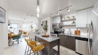 Located at 7941 West Dr in North Bay Village, FL, this single-floor residence offers a thoughtfully designed open-concept layout with contemporary finishes throughout. The kitchen is a standout feature, showcasing sleek two-tone cabinetry in light grey and dark wood, granite countertops, stainless steel appliances, subway tile backsplash, open shelving, and a central island with bar seating — ideal for both cooking and casual dining. Track and pendant lighting add a modern touch overhead. The kitchen flows seamlessly into the living area, which is filled with natural light from large windows fitted with plantation shutters. A ceiling fan, tile flooring, and access to an outdoor balcony with open views complete the welcoming living space. The bedroom is calm and well-appointed, featuring neutral tones, tile flooring, and coastal-inspired décor. The bathroom includes a granite vanity, large-format tile, a soaking tub with shower, and a convenient in-unit washer and dryer tucked behind louvered doors. A walk-in closet with built-in wire shelving provides ample storage. The overall ambiance is bright, clean, and coastal — perfectly suited to the South Florida lifestyle.