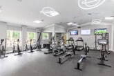 Located at 3655 Westside Village Ln in Peachtree Corners, GA, this fitness center offers a comprehensive workout facility designed with both functionality and aesthetics in mind. The single-floor layout is divided into distinct training zones, providing ample space for a variety of exercise routines.

The cardio area is generously equipped with treadmills, elliptical trainers, rowing machines, air bikes, and stationary cycles. Multiple wall-mounted flat-screen TVs are positioned throughout, allowing members to stay entertained during workouts. The strength training section features a Rogue power rack with benches and a dedicated free weights area with a full dumbbell rack, catering to a range of resistance training needs.

A separate open functional training area near the entrance provides space for dynamic exercises and features battle ropes and barbells alongside a translucent partition wall that adds a modern architectural touch. The entry foyer leads through glass double doors, creating a welcoming and open feel.

Throughout the facility, large windows invite abundant natural light and offer views of the surrounding greenery, enhancing the overall workout environment. Rubber flooring covers the entire space for safety and durability, while decorative circular pendant lighting and recessed panel lights contribute to the polished, contemporary interior. Crown molding details add a refined finish to the neutral gray walls.