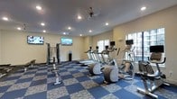 This fitness center offers a comprehensive workout environment designed to support a variety of exercise routines. The space is laid out on a single floor and features a checkered blue and gray carpet tile flooring that adds a dynamic visual element while providing cushioning underfoot. Recessed lighting throughout the ceiling ensures the room is evenly illuminated, while a ceiling fan aids in air circulation during workouts. Natural light filters in through large windows along one wall, creating a bright and energizing atmosphere. The cardio section is well-stocked with multiple treadmills, elliptical machines, and stair climbers, each equipped with individual monitor screens for personal entertainment or fitness tracking. A wall-mounted flat-screen television is also positioned for group viewing. On the opposite side of the room, a multi-function cable weight machine and a free-weight rack with barbells provide ample options for strength training. A water cooler is conveniently stationed nearby, keeping hydration accessible. The combination of natural light, varied equipment, and thoughtful layout makes this fitness center a functional and inviting space for daily exercise.