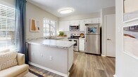 This single-floor residence at 5620 Wood Run Blvd in Henrico, Virginia, offers a well-designed layout with thoughtfully updated interiors throughout. The kitchen serves as a central highlight, featuring white cabinetry, subway tile backsplash, granite-look countertops, and a peninsula that provides additional prep and serving space. Stainless steel appliances, including a refrigerator, range, and microwave, complete the functional and polished look. Natural light filters in through a window above the sink, adding brightness to the space. Hardwood-style flooring runs through the kitchen and connects to the main living areas, creating a cohesive feel.

The dining area is a dedicated space accommodating a round table and chairs, framed by a large window dressed with blue curtains that allow natural light and outdoor views. The bedrooms are carpeted for comfort and each features windows with blinds and drape panels, providing privacy while maintaining access to natural light. The rooms offer ample wall space and a calm, neutral color palette. The bathroom includes a full tub-shower combination with clean white surround. Overall, the residence presents a bright, modern, and comfortable living environment.