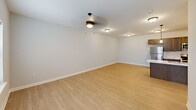 This contemporary 1-bedroom, 1-bathroom apartment offers 810 square feet of efficiently designed living space. The heart of the home is an open-concept kitchen and living area, showcasing a sleek kitchen with taupe cabinetry, white subway tile backsplash, and stainless steel appliances. A large kitchen island with a marble-like countertop provides additional workspace and casual dining options.

The living room features light wood-look flooring and is illuminated by a modern ceiling fan with integrated lighting. Large windows with white blinds allow natural light to flood the space. The bedroom, spanning 160 square feet, offers plush carpeting, a ceiling fan, and two windows for ample brightness. A sliding closet door reveals built-in storage.

The bathroom is equipped with a shower/tub combination, a single vanity, and continues the wood-look flooring from the main living areas. Throughout the apartment, neutral wall colors create a blank canvas for personal decor. The unit's single-floor layout and modern finishes make it an ideal choice for those seeking a contemporary, low-maintenance living space in Chattanooga.