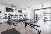 Located at 504 30th Ave E in Tuscaloosa, Alabama, this single-floor fitness center is a comprehensively outfitted exercise facility designed to support a full range of workout routines. The space features light wood-look flooring throughout and is finished with clean white walls that create a bright, open atmosphere.

The cardio zone is prominently equipped with multiple treadmills, elliptical machines, and stationary and spin bikes, all arranged to maximize usability. A dedicated strength training area includes a multi-function cable machine and a tiered dumbbell rack stocked with a wide range of free weights. Wall-mounted flat-screen televisions are positioned for visibility from the cardio equipment, and large mirrors along one wall amplify the sense of space while allowing users to monitor their form.

A standout architectural feature is the floor-to-ceiling glass garage-style door that opens directly toward the outdoor pool area, flooding the interior with natural light and providing refreshing views of the surrounding amenity space. Ceiling fans provide additional air circulation throughout. A water fountain station is conveniently located near the entrance, and restroom access is available within the facility. Multiple entry points, including glass-paneled doors, further enhance connectivity between the fitness center and the outdoor areas.
