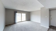This single-story space presents a clean, functional layout centered around a generously sized living area. The room is finished with wall-to-wall plush carpeting in a soft gray tone, providing a comfortable and cohesive foundation underfoot. Neutral gray walls create a versatile backdrop, lending the space a calm, understated aesthetic that accommodates a wide range of furnishing styles.

A full-width sliding glass door serves as a prominent architectural feature, flooding the room with natural light and offering direct views of the surrounding outdoor greenery. Sheer vertical blinds are fitted to the door, allowing for adjustable light control and privacy while maintaining the room's airy quality. The door also provides convenient exterior access, extending the usability of the living space.

The ceiling features a textured popcorn finish, a detail consistent with the construction era of the building. Trim and baseboards are rendered in white, offering a subtle contrast to the gray walls and grounding the overall design. The space is open and unobstructed, allowing for flexible furniture arrangement and practical use of the available area.