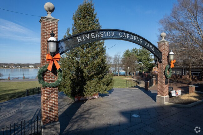 Front entrance and sign at Riverside Gardens Park in Red Bank, New Jersey.