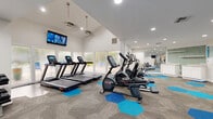 Located in Palm Harbor, Florida, this well-appointed fitness center spans a single floor and comprises two dedicated exercise rooms designed to support a full range of workout routines. The space features a bright, modern aesthetic with crisp white walls, recessed lighting, and soaring high ceilings in the main workout area that lend an open, airy atmosphere. Large windows and glass doors invite abundant natural light and provide views of the lush outdoor surroundings, enhancing the overall workout experience. A standout design element throughout is the eye-catching flooring — a mix of geometric, textured carpet tiles accented with bold blue hexagonal patterns that give the space a contemporary and energetic feel. The primary exercise room is generously proportioned and equipped with Star Trac treadmills, recumbent and upright bikes, elliptical machines, a cable strength machine, a dumbbell rack with a flat bench, and wall-mounted televisions for entertainment during workouts. Full-length mirrors are strategically placed to maximize the sense of space and allow for form monitoring. A secondary, more intimate room offers additional strength training equipment and open floor space, ideal for focused or individual training sessions. Double glass entry doors provide convenient access, making this fitness center a functional and inviting amenity.