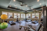 This fitness center offers a comprehensive workout environment designed to support a wide range of exercise routines. The space is divided into distinct functional zones, seamlessly connected through glass-paneled interior doors. The cardio area lines the windowed walls, housing multiple treadmills, elliptical trainers, and stationary bikes. An abundance of large windows fitted with roller shades allows generous natural light to fill the room while offering views of the surrounding exterior. The strength training zone features a multi-station cable machine, a weight bench, and a dedicated free weights area stocked with medicine balls, stability balls, and additional accessories organized on a rack. Durable rubber flooring throughout provides traction and cushioning suited for intense workouts. The interior design is notable for its bold two-tone color scheme, pairing deep olive-green walls with a rich teal-painted tray ceiling, creating a dynamic and energizing atmosphere. Recessed lighting and dual ceiling fans ensure consistent illumination and airflow across the space. Full-length mirrors in the free weights area enhance the sense of openness and allow users to monitor their form. The layout is thoughtfully arranged to maximize usability while maintaining clear circulation paths throughout the facility.