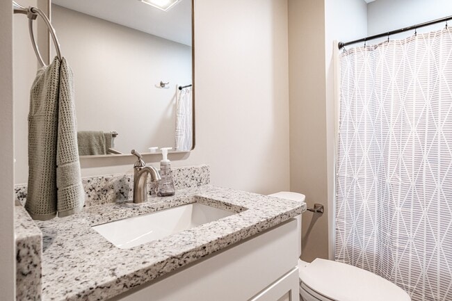 A bright, modern bathroom with a granite countertop vanity, brushed-nickel fixtures, and a contemporary shower. - Windham Village Apartments