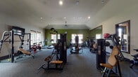 This fitness center in Spring, Texas, offers a well-appointed, single-floor exercise facility designed to accommodate a wide range of workout routines. The space features vaulted ceilings that enhance the open, airy feel of the main workout area, which is illuminated by recessed lighting and a ceiling fan overhead. Bold olive-green accent walls add energy to the environment, while large windows along multiple walls invite natural light and provide views of the surrounding landscaped grounds.

The main floor is finished with durable carpet tiles and houses an extensive selection of Cybex and Carey strength machines, including cable cross systems, leg press equipment, and multi-functional weight stations. A dedicated free weight area includes a full dumbbell rack and an adjustable bench. Cardio equipment is well-represented, with multiple treadmills, ellipticals, and stationary spin bikes positioned near the windows.

A large wall-mounted mirror spans one side of the room, visually expanding the space and aiding in form correction during exercise. A separate corner area provides a quieter zone with a functional trainer cable machine, yoga mats, and a small accessory shelf. A wall-mounted television, a compact beverage refrigerator, and a wall clock round out the amenities, making this a comprehensive and functional fitness facility.