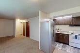 Located at 4208 Valley Forge Rd in Mount Vernon, IL, this one-bedroom, one-bathroom unit offers a practical and efficiently designed single-floor layout. The living room is carpeted and open, providing a comfortable and neutral space with textured ceilings and clean white walls throughout. It connects seamlessly to the kitchen area, which is defined by dark brown cabinetry, a stainless steel refrigerator, an electric coil range with overhead ventilation hood, and a single-basin sink — delivering all essential cooking and storage functionality in a compact footprint. The bedroom is generously sized relative to the overall unit, featuring wall-to-wall carpet, white walls, and access to a closet, offering a quiet and practical retreat. The bathroom is well-appointed with wood-look tile flooring, a white vanity with mirror and lighted fixture, a full tub-shower combo with a curtain rod, and clean white finishes throughout. A dedicated laundry area and hallway add to the unit's convenience and organization. The hallway features carpet flooring and overhead ceiling lighting. This unit presents a straightforward, move-in-ready layout suited for a single occupant seeking functional living space.