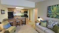 This single-floor space features an open-concept design that seamlessly connects the kitchen and living area, creating a cohesive and functional layout. The kitchen is equipped with warm honey-toned wood cabinetry, dark countertops, and black appliances, including a built-in microwave and electric range. A raised breakfast bar with two stools serves as a natural divider between the kitchen and living area, making it ideal for casual dining or entertaining. Recessed under-cabinet lighting in the kitchen adds a practical and welcoming ambiance. The living area is finished with plush wall-to-wall carpeting in a neutral tone, contributing to a cozy atmosphere. A comfortable seating arrangement anchors the space, accented with colorful throw pillows in shades of green and blue. A stylish floor lamp provides warm task lighting beside the seating area. Neutral beige walls throughout create a clean, versatile backdrop. A hallway visible from the main living area leads to additional rooms, suggesting a well-organized floor plan. Overall, the space offers a practical, comfortable, and inviting environment suitable for everyday living.
