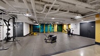 Located at 8 Kimball Court in Burlington, Massachusetts, this expansive fitness facility spans a single floor of nearly 3,000 square feet, thoughtfully designed to accommodate a wide variety of workout disciplines. The interior features an industrial-style aesthetic with exposed overhead ductwork, structural pipes, and pendant lighting that lend the space an energetic, warehouse-inspired character. Polished concrete floors transition seamlessly into durable rubber flooring across different training zones, clearly delineating functional areas throughout the facility.

The cardio zone is well-equipped with treadmills, elliptical machines, and stationary bikes, each outfitted with individual screens for an engaging workout experience. A dedicated strength training area features a row of yellow power racks along a bold teal accent wall, accompanied by a comprehensive dumbbell and barbell station. The functional training zone includes a tire sled, battle ropes, and a stair climber, offering dynamic conditioning options. A punching bag and a decorative living green wall add visual interest and energy to the space.

The color palette — bold yellow columns, teal accent walls, and white structural elements — creates a vibrant and motivating atmosphere. A patterned yellow-and-grey carpet zone provides a distinct area for stretching or movement-based activities, completing this fully equipped fitness destination.