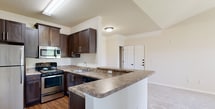 Located at 1000 Broadstone Way in Apex, NC, this single-floor residence offers a thoughtfully designed layout with functional living spaces throughout. The kitchen is a standout feature, equipped with stainless steel appliances including a refrigerator, range, and microwave, all complemented by rich dark-stained cabinetry, granite-style countertops, and a peninsula that provides additional workspace and bar-style seating. Durable wood-look flooring grounds the kitchen area, adding warmth and continuity. The open living area flows naturally from the kitchen, featuring plush carpeting, neutral-toned walls, and a vaulted ceiling with a ceiling fan, creating an airy and comfortable atmosphere. Large windows and a sliding glass door invite abundant natural light and offer views of the surrounding greenery. The bedroom is generously sized with soft carpeting, a ceiling fan with light fixture, a bright window with outdoor views, and convenient access to a walk-in closet. The bathroom is well-appointed with a dark-stained vanity, granite-style countertop, tile flooring, and a shower-tub combination. Additional storage is provided throughout, contributing to the overall practicality of this well-maintained Apex residence.