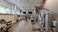 Located at 695 Atlantic St in Stamford, CT, this fitness center offers a thoughtfully designed workout space on a single floor. The room features a neutral color palette with dark gray accent walls, a drop ceiling with recessed lighting, and durable rubber-composite flooring suited for high-traffic exercise use. Large windows fitted with roller shades line one wall, allowing natural light to filter in while offering views of the surrounding greenery, creating a bright and energizing atmosphere. Structural columns are integrated seamlessly into the layout, adding an architectural element without disrupting the flow of the space. The cardio section is well-stocked with treadmills, elliptical trainers, stationary bikes, and a spin bike, several of which face wall-mounted flat-screen TVs for entertainment during workouts. The strength training area includes cable and pulley machines, a leg press, and a dedicated free weights section with a full dumbbell rack, all reflected in floor-to-ceiling mirrors that enhance the sense of space. Glass entry doors provide a clean, modern entry point. Overall, the fitness center presents a functional and well-appointed environment suitable for a comprehensive workout routine.