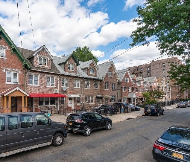 Brick rowhouses are common in Elmhurst