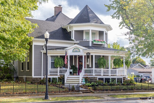 A charming Victorian-style home sits along Main Street in downtown Yorktown, Indiana.