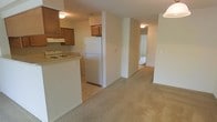 This single-floor residence offers a practical and straightforward layout, with an open-concept design that connects the kitchen and living area seamlessly. The kitchen is equipped with essential white appliances, including a full-size refrigerator and an electric cooktop, complemented by warm wood-toned cabinetry mounted above the countertops. A range hood is positioned above the cooking surface, and light-toned counters provide functional workspace. A peninsula-style counter partially separates the kitchen from the adjoining living space, creating a natural division while maintaining an open feel. The living area features wall-to-wall neutral carpeting that extends throughout the space, contributing to a warm and quiet atmosphere. A central structural column adds definition between the kitchen and living zones. A hallway leads from the main living area to additional rooms, with a mirrored feature visible at the far end that reflects light and adds a sense of depth. The unit is finished in neutral tones throughout, with flush-mount ceiling lighting providing consistent illumination across each area. Overall, the space presents a clean, functional interior suited for comfortable everyday living.