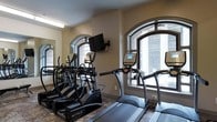 Located at 8 E Long St in the heart of Columbus, Ohio, this fitness center offers a focused and well-equipped workout environment designed to meet the needs of cardio enthusiasts. The space features a thoughtfully arranged layout with a collection of True-brand treadmills and elliptical machines, providing a variety of cardio options for users of all fitness levels. A wall-mounted television is positioned for easy viewing during workouts, adding a touch of convenience to each session. The room is characterized by its elegant arched windows, which frame views of the surrounding urban landscape and allow natural light to fill the space, creating an open and inviting atmosphere. The warm, neutral-toned walls complement the patterned flooring beneath the equipment, lending a classic aesthetic to the functional setting. A mirrored wall on one side enhances the sense of depth and space within the room. The combination of architectural charm, modern fitness equipment, and natural light makes this fitness center a practical and pleasant destination for daily exercise in downtown Columbus.