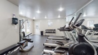 The fitness center at 1700 Charleston Place Ln in Charlotte, NC is a well-equipped, single-floor exercise facility designed to support a comprehensive workout routine. The space features durable rubber flooring throughout, providing a safe and practical surface for a wide range of activities. Large windows and a glass-panel door flood the room with natural light and offer views of the outdoor pool area, creating an inviting and energizing atmosphere.

The facility is outfitted with multiple Spirit-brand treadmills and elliptical machines, offering ample cardio options for users. A multi-function cable machine supports strength and resistance training, while an adjustable weight bench adds versatility for targeted exercises. A full dumbbell rack stocked with a wide range of free weights provides additional strength training options. Medicine balls are also available, mounted on a wall rack for easy access.

Floor-to-ceiling mirrors line one wall, visually expanding the space while allowing users to monitor their form during workouts. Recessed lighting supplements the natural light, ensuring the room remains well-lit at all times. A posted fitness center guidelines sign reflects the managed, community-oriented nature of the facility. The overall design is clean, functional, and modern, making it a practical and welcoming resource for residents.
