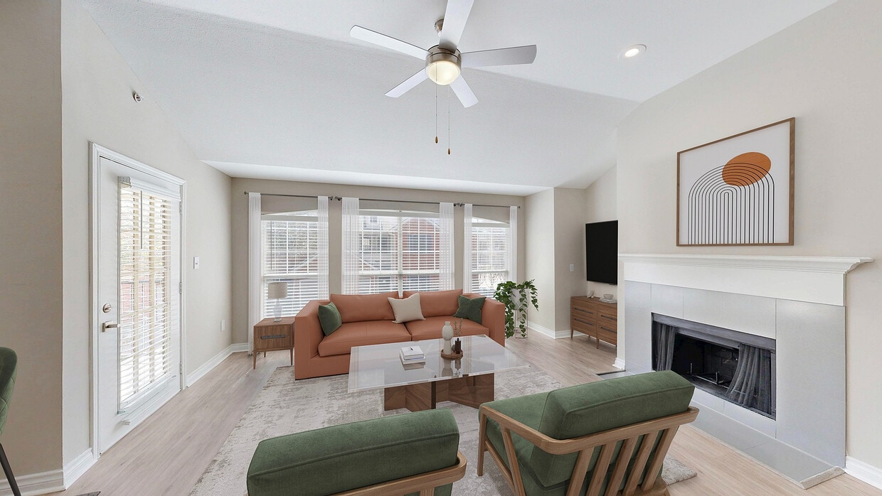 Newly Renovated Living Room with Fireplace - Lakeside at Coppell Apartments